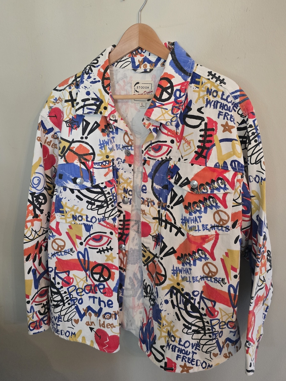 Stoosh Vintage Denim Jacket with Multicolor Graffiti Accent